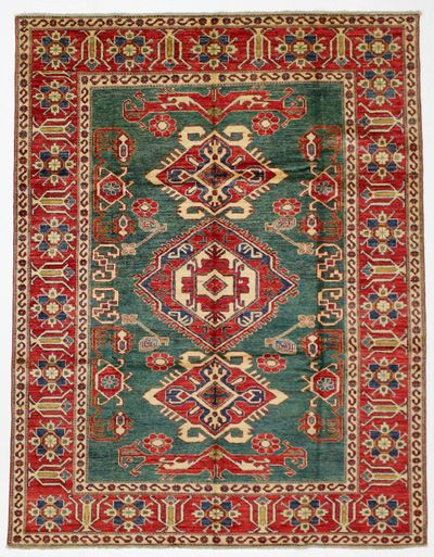 Green Kazak Rug #8373 • 5′10″ x 7′6″ • Wool on Cotton